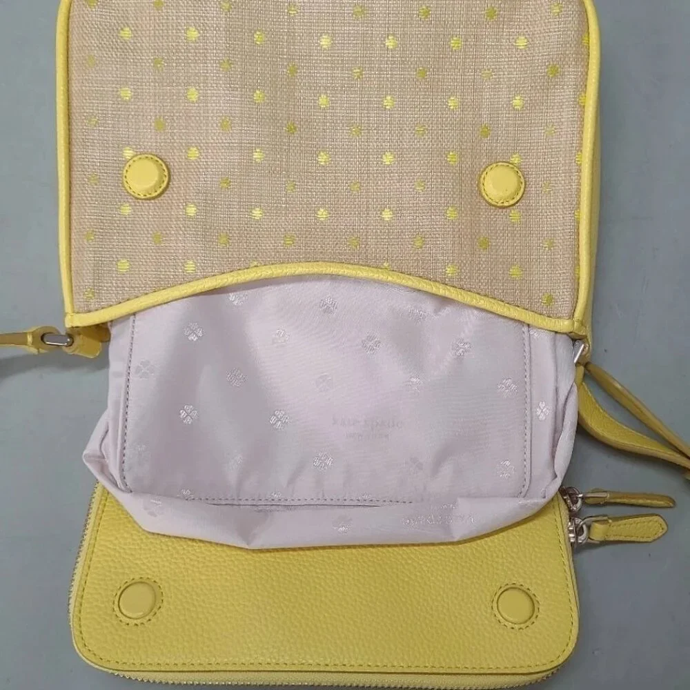 Kate Spade NY Yellow Leather 'Run Around Raffia' Dot Large Flap Crossbody Bag - Picture 4 of 17